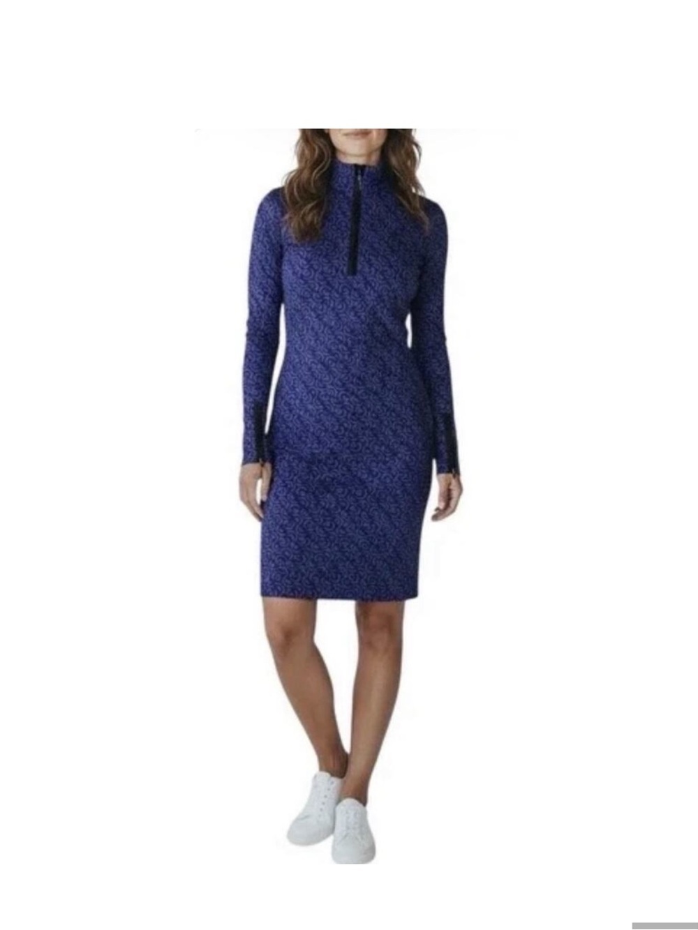 J McLaughlin Navy Geo-Pattern Long-Sleeve Zip Dress Sz small